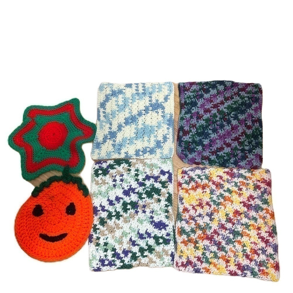 Handmade Vintage Crochet Pot Holders Doilies Colorful Pumpkin Kitchen Home